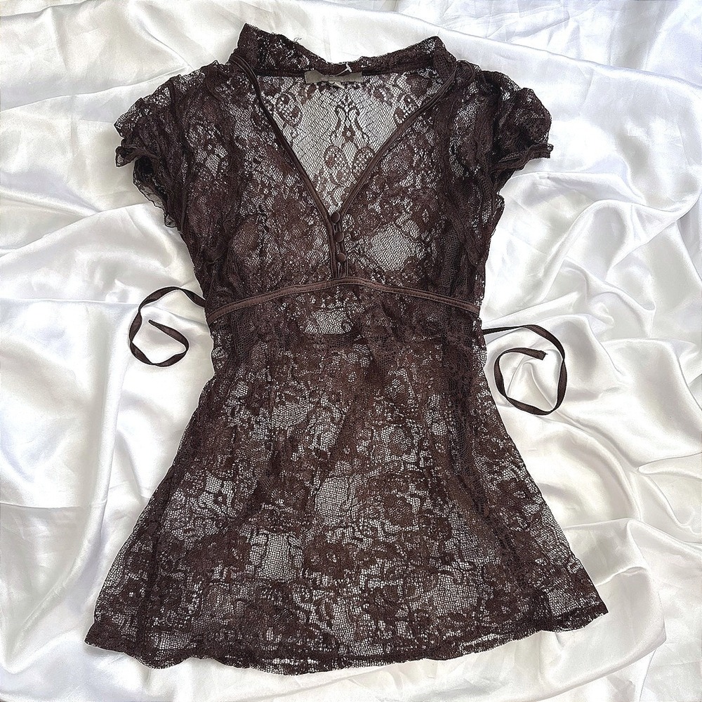 TEMT Brown Floral Lace Sheer V-Neck Empire Waist Blouse Top Cap Sleeve Large